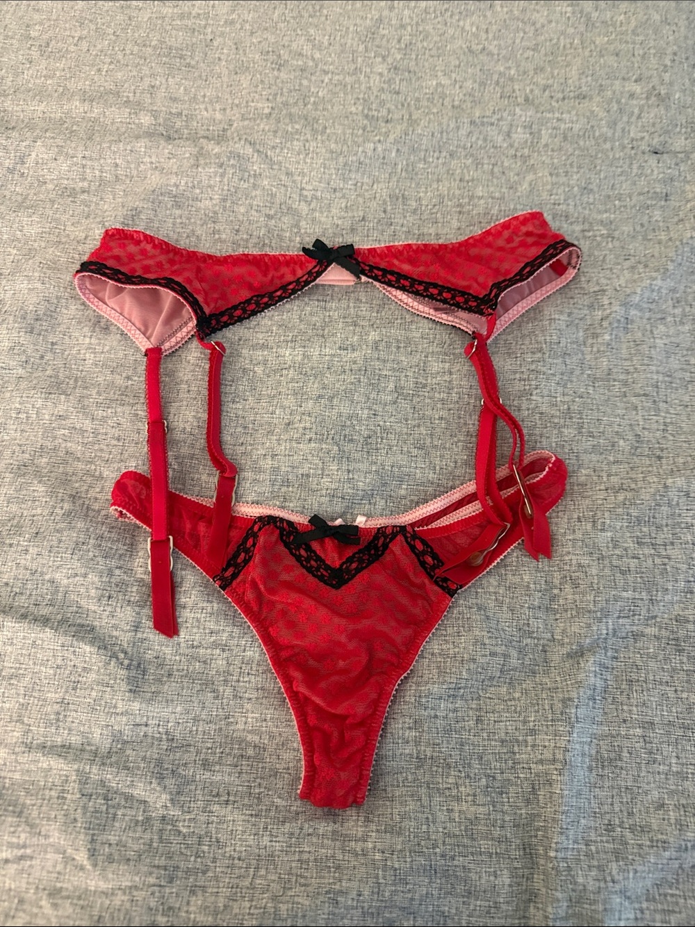 Victoria's Secret Red Lace Garter Thong Set with Black Trim